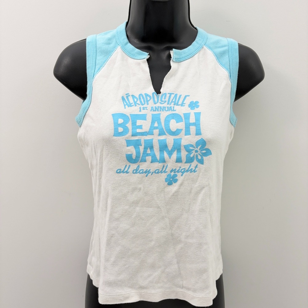 Vintage Aeropostale Tank Top Beach Jam Graphic Small White Blue
